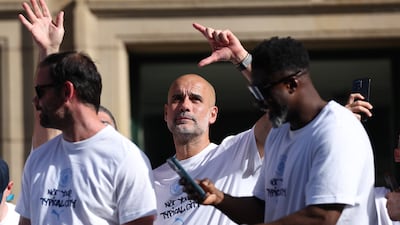 Outgoing Manchester City manager Pep Guardiola during the winner's parade in central Manchester. EPA