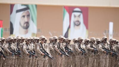 National Service military personnel participate in a parade to mark the 40th anniversary of the UAE Armed Forces unification at the Seih Al Hamah camp. Mohamed Al Suwaidi / Crown Prince Court - Abu Dhabi