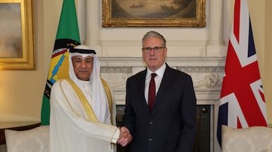 Gulf Co-operation Council secretary general Jasem Al Budaiwi with UK Prime Minister Keir Starmer at No 10 Downing Street, after the signing of a free-trade deal. PA
