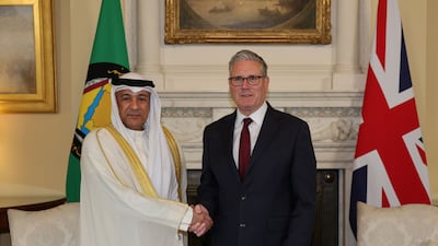 Gulf Co-operation Council secretary general Jasem Al Budaiwi with UK Prime Minister Keir Starmer at No 10 Downing Street, after the signing of a free-trade deal. PA