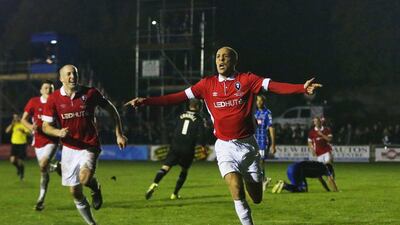 Salford City’s Richie Allen celebrates his goal against Notts County in his team’s 2-0 FA Cup first round victory. Chris Brunskill / Getty Images