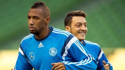 Germany players Jerome Boateng and Mesut Ozil shown at a training session in Dublin on Wednesday ahead of their match against Ireland on Thursday night in Euro 2016 qualifying. Peter Kneffel / EPA