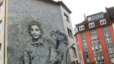 Yazan Halwani’s rendition of the Syrian flower seller Fares Al Khodor in Dortmund, Germany. Courtesy Yazan Halwani