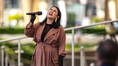 Swedish pop singer Molly Sanden performs at the Al Wasl dome at the Expo 2020 Dubai site.