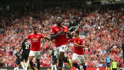 Manchester United's Romelu Lukaku celebrates scoring his side's first goal against West Ham United at Old Trafford in Manchester, England, Sunday, August 13, 2017. Dave Thompson / AP Photo