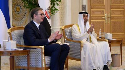 Sheikh Mohamed and Mr Vucic witness the signing of one of the Comprehensive Strategic Partnership Agreement.