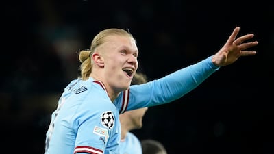 Manchester City's Erling Haaland after scoring his fifth goal in the 7-0 Champions League win against RB Leipzig on March 14, 2023. AP