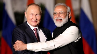 Indian Prime Minister Narendra Modi and Russian President Vladimir Putin meet in New Delhi on December 6. EPA