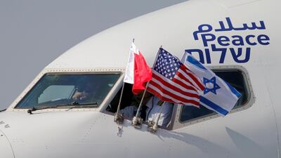 Bahraini, Israeli and US flags are seen on El Al's airliner carrying an Israeli delegation last year. Reuters