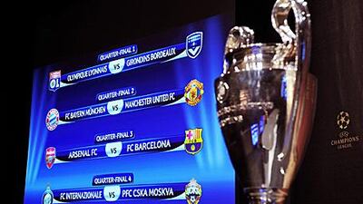 The Champions League trophy, right, with the draw for the quarter-finals of the competition.