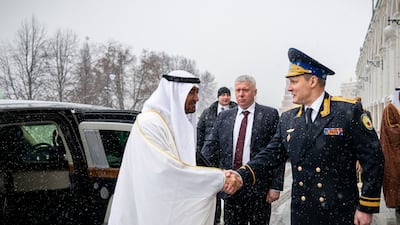 Sheikh Mohamed is received by Sergei Udovenko, Commandant of the Moscow Kremlin