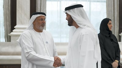 HH Sheikh Mohamed bin Zayed Al Nahyan Crown Prince of Abu Dhabi Deputy Supreme Commander of the UAE Armed Forces (R), greets a retired member of the UAE Armed Forces, during an iftar reception at Al Bateen Palace. Mohamed Al Hammadi / Crown Prince Court - Abu Dhabi