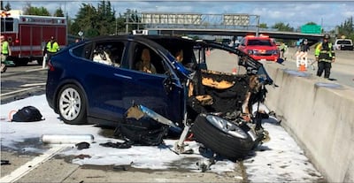 Scene where a Tesla crashed into a barrier on US Highway 101 in Mountain View, California, killing two people. AP