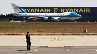 The US Air Force One plane with US President Donald Trump and his wife Melania onboard lands at the London Stansted Airport. EPA