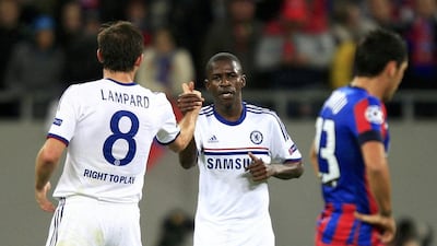 Chelsea's Ramires, centre, celebrates with his team mate Frank Lampard after scoring a goal against Steaua Bucharest during their Uefa Champions League win on Tuesday night. Radu Sigheti / Reuters