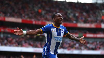 Pervis Estupinan of Brighton & Hove Albion celebrates after scoring their third goal in the 3-0 Premier League win over Arsenal at the Emirates Stadium on May 14, 2023. Getty