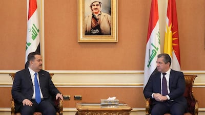 Iraqi Prime Minister Mohammed Shia Al Sudani meets the Prime Minister of the Kurdistan Region, Masrour Barzani, in Erbil on Monday. Reuters