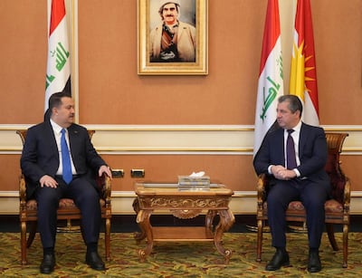 Iraqi Prime Minister Mohammed Shia Al Sudani meeting Masrour Barzani in Erbil this week. Reuters