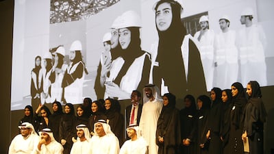 Students pose for photograph with Noura Al Kaabi, Minister of State for Federal National Council Affairs, UAE, Saif Saeed Ghobash, Director General of the Abu Dhabi Tourism & Cultural Authority (TCA Abu Dhabi) and Manuel Rabaté, Director of Louvre Abu Dhabi during the Louvre Abu Dhabi Student Ambassador Programme’s closing ceremony at Gallery 3, Manarat Al Saadiyat in Abu Dhabi. Ravindranath K / The National