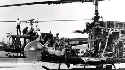 In this 1972 photo, two West German border police helicopters that carried armed terrorists and their nine Israeli Olympian hostages stand at Fuerstenfeldbruck air force base near Munich. Nine of the 11 Israelis taken hostage at the Olympic Village died in a shoot-out at the base.