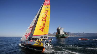 Abu Dhabi Ocean Racing yacht Azzam sails in front of Cape Town's iconic Table Mountain on their way to winning the first leg of the 2014 Volvo Ocean Race on November 5, 2014. Mike Hutchings / Reuters