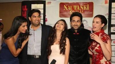 From left, the actors Gaelyn Mendonca, Kunaal Roy Kapur, Pooja Salvi, Ayushmann Khurrana and Evelyn Sharma attend the screening of their new film Nautanki Saala in Dubai. Pawan Singh / The National