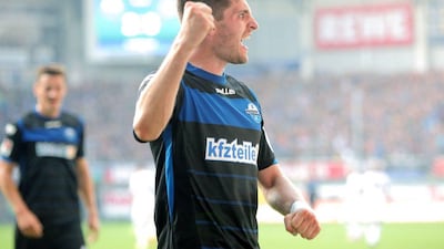 Paderborn's Moritz Stoppelkamp celebrates after their Bundesliga win over Hannover on Saturday. Oliver Krato / AFP / DPA / September 20, 2014