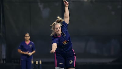 Katie Thompson bowls in the nets at the ICC Academy at Dubai Sports City. Chris Whiteoak / The National