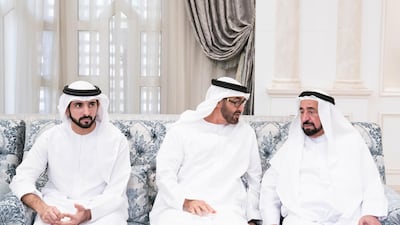 Dr Sheikh Sultan bin Mohammed Al Qasimi, Ruler of Sharjah, and Sheikh Hamdan bin Mohammed, Crown Prince of Dubai, offer condolences to Sheikh Mohammed bin Zayed, Crown Prince of Abu Dhabi and Deputy Supreme Commander of the UAE Armed Forces, at Mushrif Palace on the passing of Sheikha Hessa bint Mohammed. Hamad Al Kaabi / Crown Prince Court - Abu Dhabi