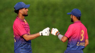 UAE batters Zahid Ali (not out 11) and Dhruv Parashar (not our 16) guided UAE over the line against Nepal at the ICC Academy. Chris Whiteoak / The National
