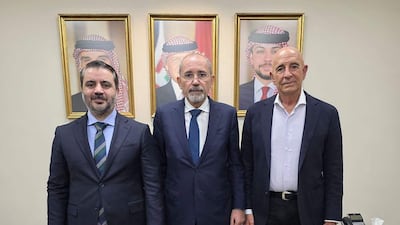From left, Syrian Foreign Minister Asaad Al Shibani, Jordan's Foreign Minister Ayman Safadi and US special envoy to Syria Thomas Barrack in Amman in July. AFP