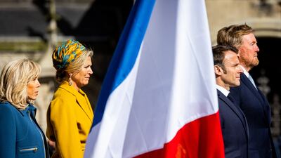 From left, Brigitte Macron, Queen Maxima, French President Emmanuel Macron and King Willem-Alexander at an official welcome ceremony at the Royal Palace in Amsterdam on Tuesday. Getty