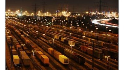 The Union Railway will serve two of the most strategically located ports - Jebel Ali in Dubai and Khalifa Port in Abu Dhabi - in cargo handling that could resemble the activity in some ports in Europe, such as the Bahnhof Alte Suederelbe Cargo Centre, above, at Hamburg, Germany.