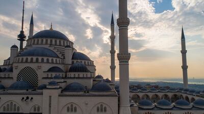 A picture taken with a drone shows the new Camlica mosque. The world's biggest finial, which is 7.77 meters long and has a weight of 4.5 tons was placed on top of the dome. EPA