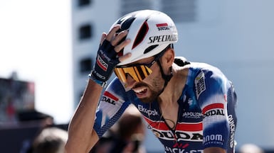 Soudal Quick-Step team's Valentin Paret-Peintre celebrates winning Stage 16 of the Tour de France. Reuters