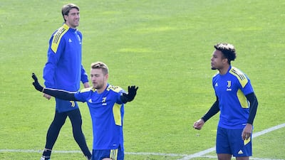 Juventus players Dusan Vlahovic, Matthijs de Ligt and Weston McKennie train for the Villareal clash. EPA