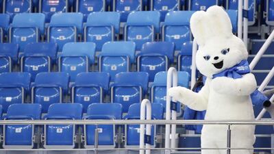 Olympic mascot The Hare pictured before the start of the Short Track competitions in the Iceberg Skating Palace. Barbara Walton/EPA