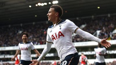 Tottenham's Dele Alli celebrates scoring his side's first goal against Arsenal at White Hart Lane on April 30, 2017 in London, England. Julian Finney / Getty Images