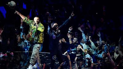 DJ Khaled (left) and Quavo perform during the halftime show. Quinn Harris-USA TODAY
