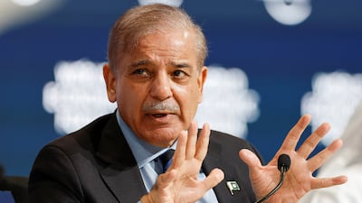 Pakistan's Prime Minister Shehbaz Sharif speaks at the World Economic Forum in Riyadh, Saudi Arabia, on April 28. Reuters