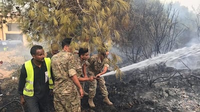 Lebanese army personnel tackle the forest fire. Image @LebarmyOfficial via Twitter