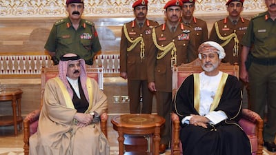 Sultan Sayyid Haitham Bin Tariq Al Said receives Bahraini King Hamad bin Isa Al Khalifa in the capital Muscat. AFP