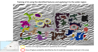 A satellite image of the Saruq Al Hadid site in Dubai. It indicates how the machine learning technology was trained using known locations of remains (circled in yellow) so that it could identify other possible areas where remains are located (circled in red). Photo: Khalifa University