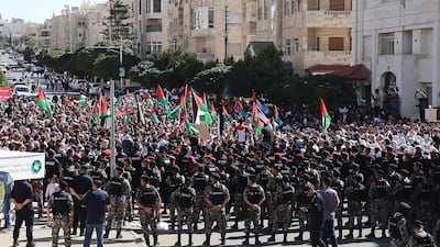 Protesters gather near the Israeli embassy in Amman to show solidarity with the Palestinians of the Gaza Strip. AFP