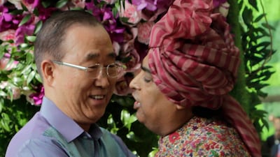 Reliance Industries Chairman Mukesh Ambani welcomes former U.N. Secretary-General Ban Ki-moon at the wedding of his son Akash Ambani. Photo: AP