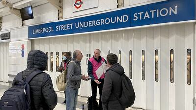 Commuters at a closed Liverpool Street underground station. All London Underground lines are suspended, according to Transport for London’s website, amid strike action by thousands of workers. PA