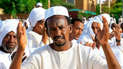 Muslim worshippers gather for Eid Al Fitr prayers in the district of Jureif Gharb of Sudan's capital Khartoum AFP