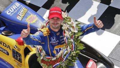 Alexander Rossi of the US celebrates after winning the 100th running of the Indianapolis 500 at the Indianapolis Motor Speedway in Indianapolis, Indiana, USA. Kamil Krzaczynski / EPA