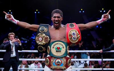 Anthony Joshua celebrates winning his last fight against Andy Ruiz Jr in Saudi Arabia in December. Action Images