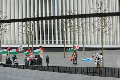 Protest for Palestine outside the European Foreign Affairs Council meeting in Luxembourg City. EPA / Olivier Hoslet